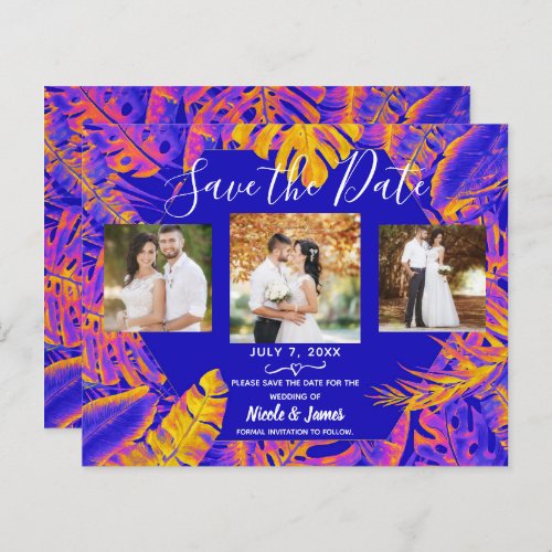 Electric Orange Blue Tropical Leaves Save the Date