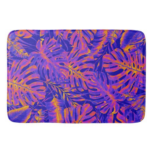 Electric Orange Blue Tropical Palm Leaves Island Bath Mat