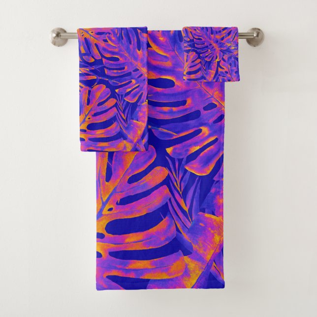 Electric Orange Blue Tropical Palm Leaves Island Bath Towel Set (Insitu)