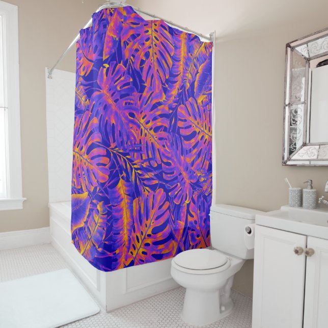 Electric Orange Blue Tropical Palm Leaves Island Shower Curtain (In Situ)