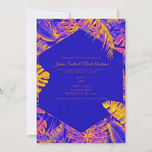 Electric Orange Blue Tropical Palm Leaves Wedding Invitation (Front)
