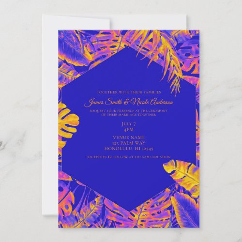 Electric Orange Blue Tropical Palm Leaves Wedding Invitation