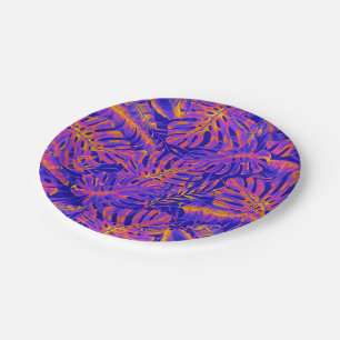 Electric Orange Blue Tropical Palm Leaves Wedding Paper Plates