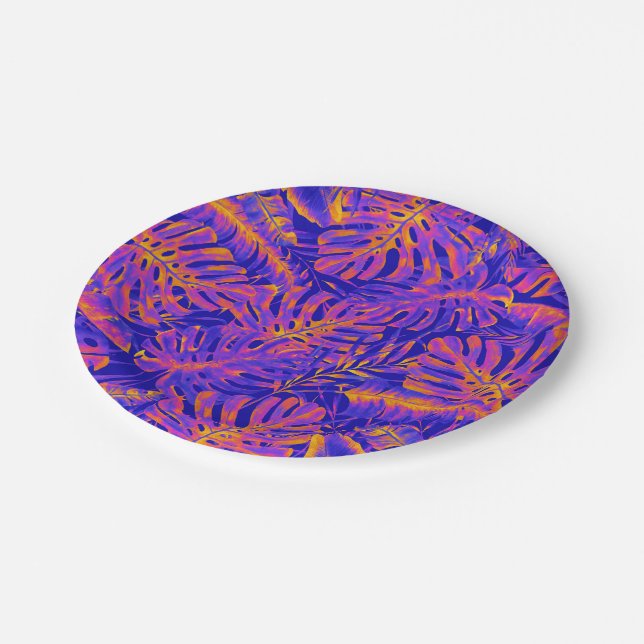 Electric Orange Blue Tropical Palm Leaves Wedding Paper Plates (Angled)