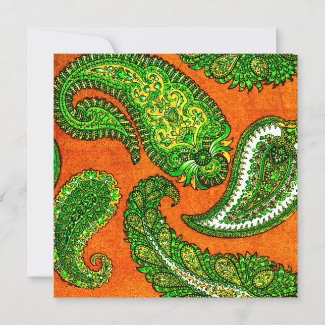 Electric Orange & Green Paisley Wedding Invitation (Front)