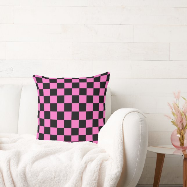 Electric Pink 80s Black Checkered Throw Pillow (Couch)