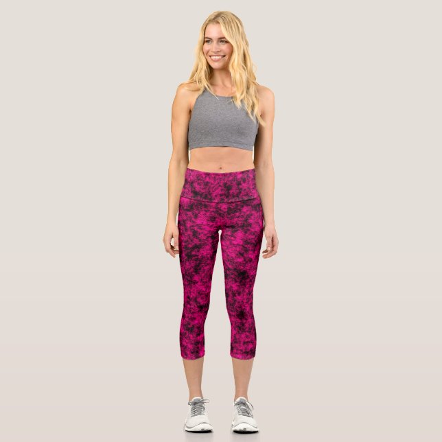 Electric Pink & Black Abstract Marble Capri Leggings (Front)