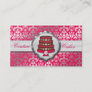 Electric Pink Cake Couture Glitzy Damask Bakery Business Card