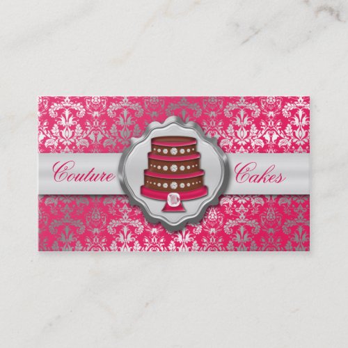 Electric Pink Cake Couture Glitzy Damask Bakery Business Card