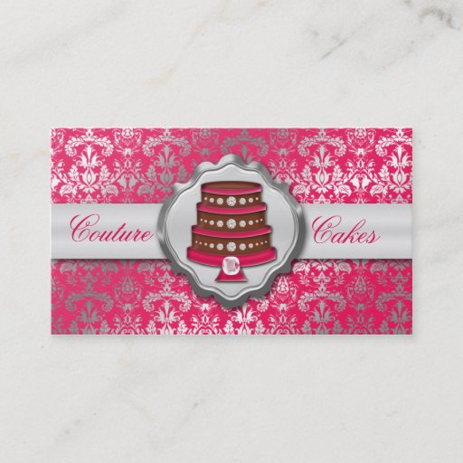 Customizable Electric Pink Cake Couture Glitzy Damask Bakery Business Card