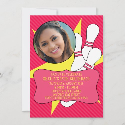 Electric Pink No Time To Spare Bowling Party Photo Personalized Invitations