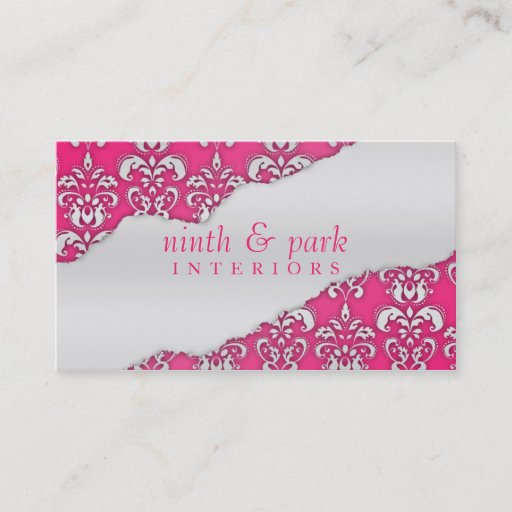 Customizable Electric Pink Ripped Damask Interior Design Business Card