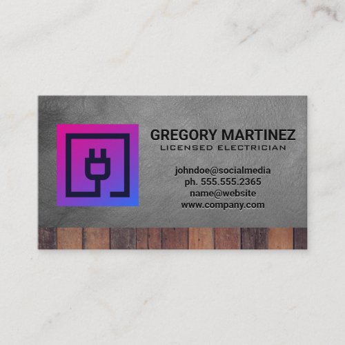 Electric Plug Icon  Wood Leather Background Business Card