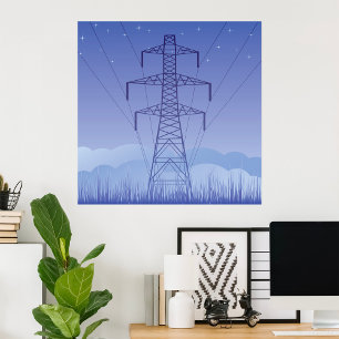 Electric Power Transmission Tower at Night Sky Poster