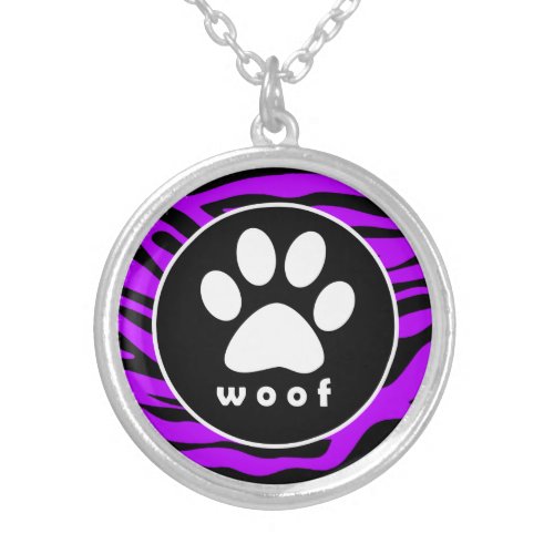 Electric Purple Zebra Stripes Paw Print Silver Plated Necklace