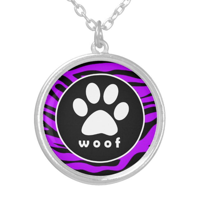Electric Purple Zebra Stripes; Paw Print Silver Plated Necklace (Front)
