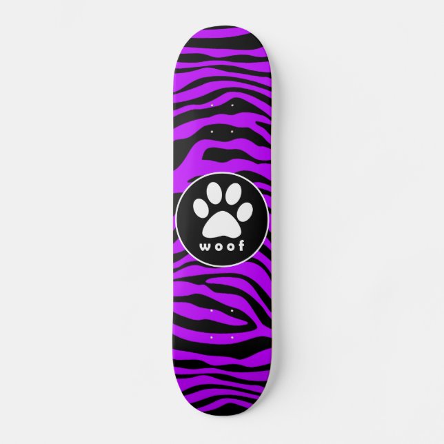 Electric Purple Zebra Stripes; Paw Print Skateboard Deck (Front)