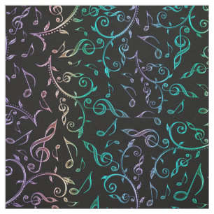 Electric Rainbow Notes and Clefs on Black Fabric