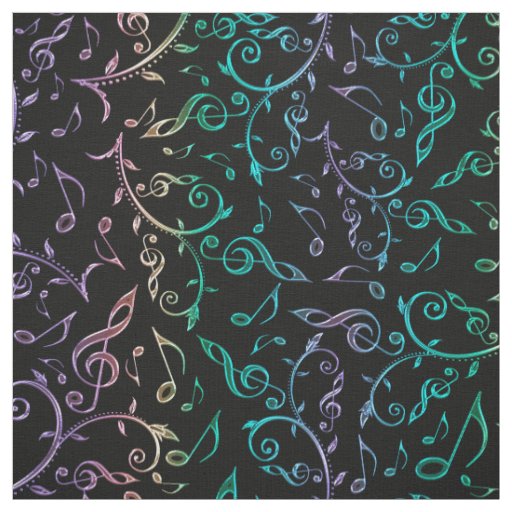 Electric Rainbow Notes and Clefs on Black Fabric