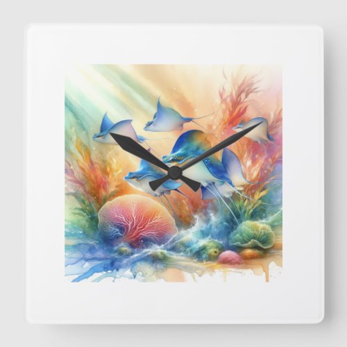 Electric Rays 040624AREF110 _ Watercolor Square Wall Clock