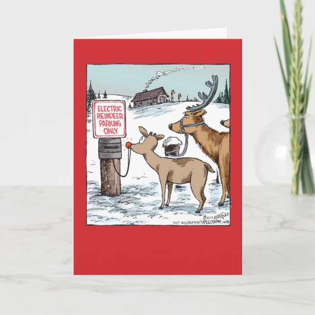Electric Reindeer Parking Christmas Card (Front)