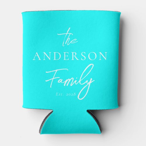 Electric Retro Cyan Hand Written Family Name Can Cooler