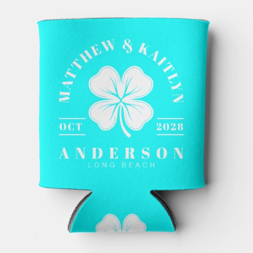 Electric Retro Cyan Irish Clover Wedding Crest Can Cooler