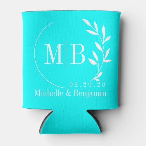 Electric Retro Cyan Leaf Wedding Monogram Can Cooler