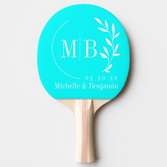 Electric Retro Cyan Leaf Wedding Monogram Ping Pong Paddle (Front)