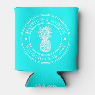 Electric Retro Cyan Pineapple Wedding Crest & Name Can Cooler