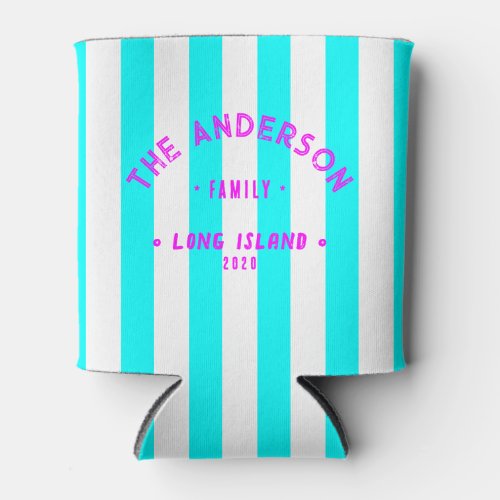 Electric Retro Cyan Striping & Family Name Can Cooler