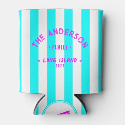 Electric Retro Cyan Striping & Family Name Can Cooler