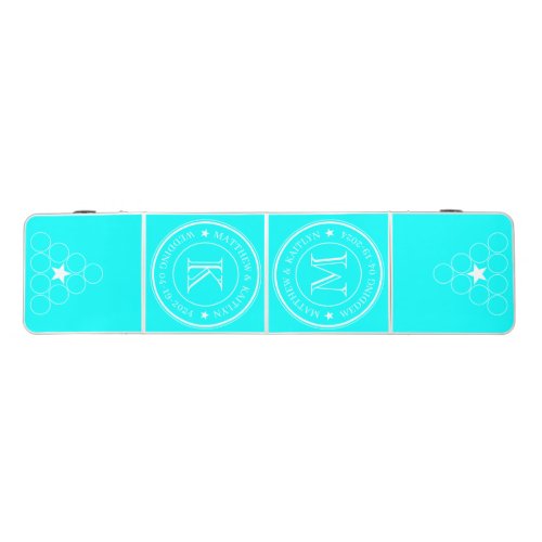 Electric Retro Cyan Wedding Monogram Star Beer Pong Table