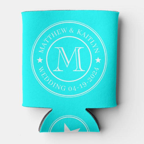 Electric Retro Cyan Wedding Monogram Star Can Cooler