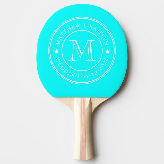Electric Retro Cyan Wedding Monogram Star Ping Pong Paddle (Front)