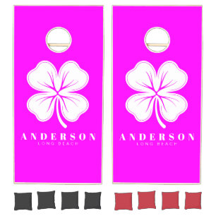 Electric Retro Pink Four Leaf Clover with Name Cornhole Set