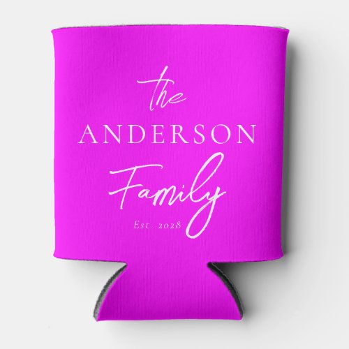 Electric Retro Pink Hand Written Family Name Can Cooler
