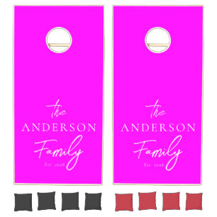 Electric Retro Pink Hand Written Family Name Cornhole Set