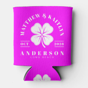 Electric Retro Pink Irish Clover Wedding Crest Can Cooler