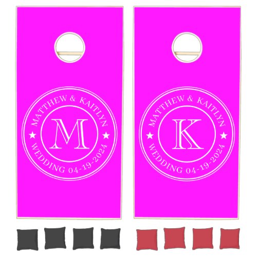 Electric Retro Pink Wedding Monogram Star Cornhole Set