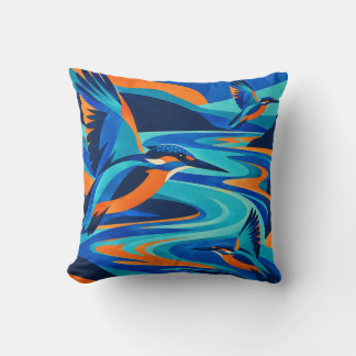 Electric River Kingfishers in Blue and Orange Throw Pillow