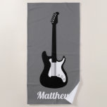 Electric rock music guitar custom name beach towel<br><div class="desc">Electric rock music guitar custom name beach towel. Elegant black and white beachtowel with modern instrument design. Cool Christmas or Birthday gift idea for men, women and kids. Create personalized towels for friends, family, guitarist, guitarplayer, music school teacher, musician, artist, mom, dad, children, students, instructor, performer, deejay etc. Fun summer...</div>