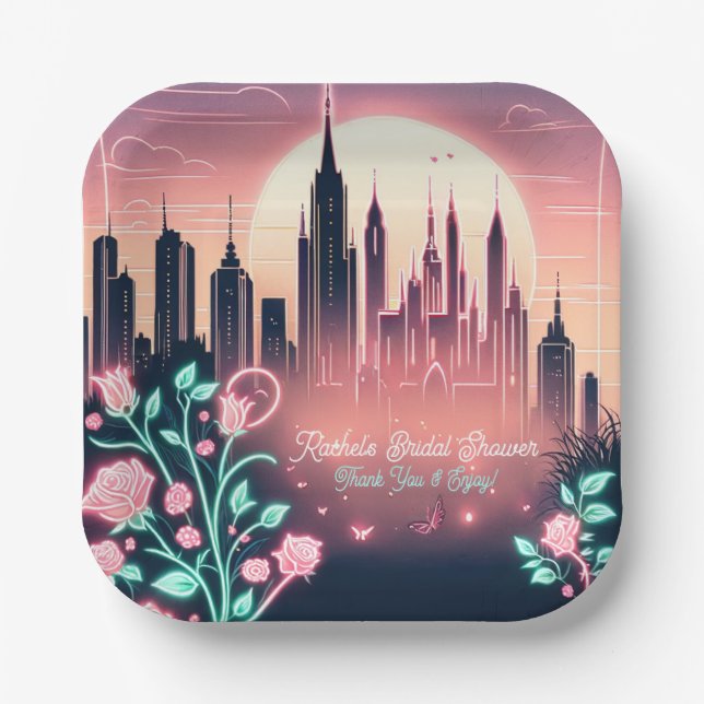 Electric Roses Futuristic  Neon Bridal Shower  Paper Plates (Front)