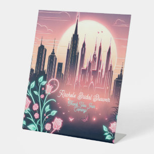 Electric Roses Futuristic Neon Bridal Shower Pedestal Sign
