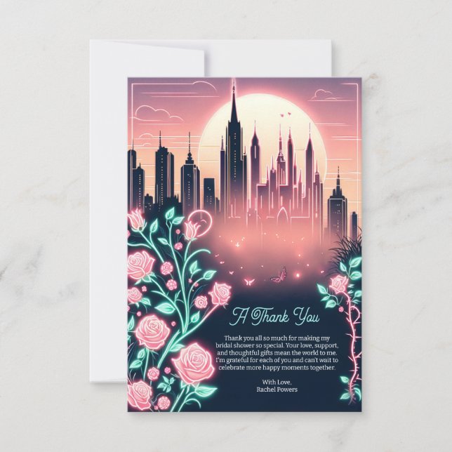 Electric Roses Futuristic  Neon Bridal Shower  Thank You Card (Front)