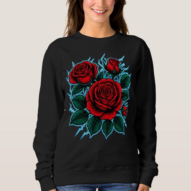 Electric Roses | Red Rose & Lightning Bolt Graphic Sweatshirt (Front)
