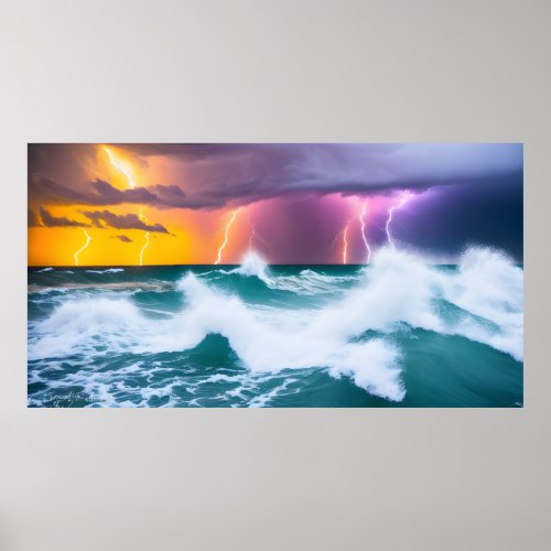 Electric Skies Vibrant Thunderstorm Seascape Poster