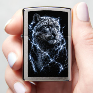 Electric Snow Leopard Lightning Big Cat Portrait Zippo Lighter