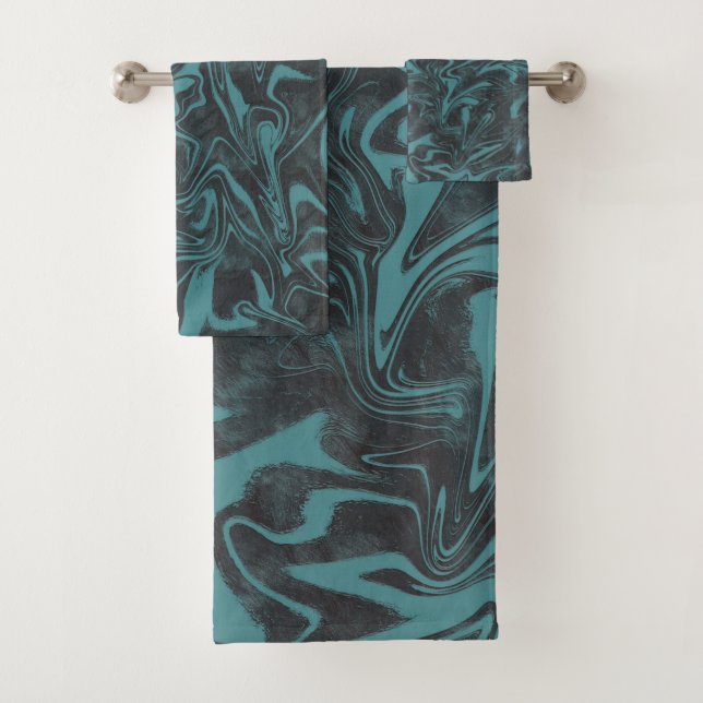 Electric Teal Blue Marble Swirl Bath Towel Set (Insitu)