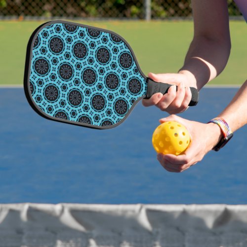 Electric Teal Circles at Black Background Pickleball Paddle